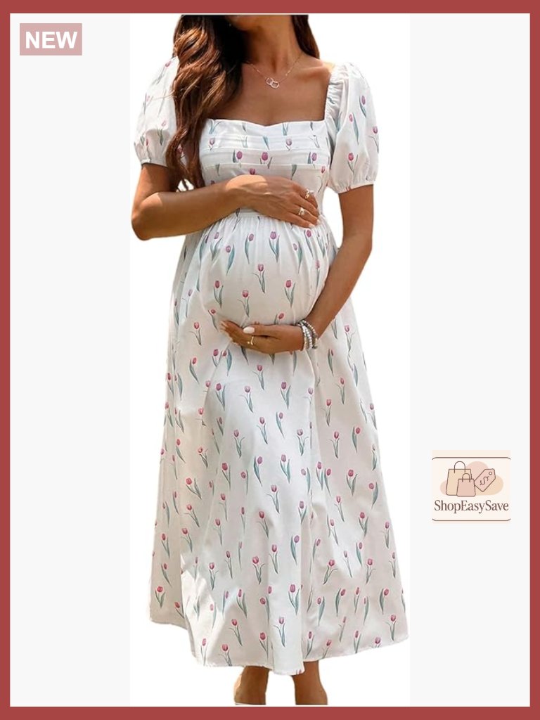 Floral Maternity Dress Square Neck Puff Sleeve Shirred A-Line Long Pregnancy